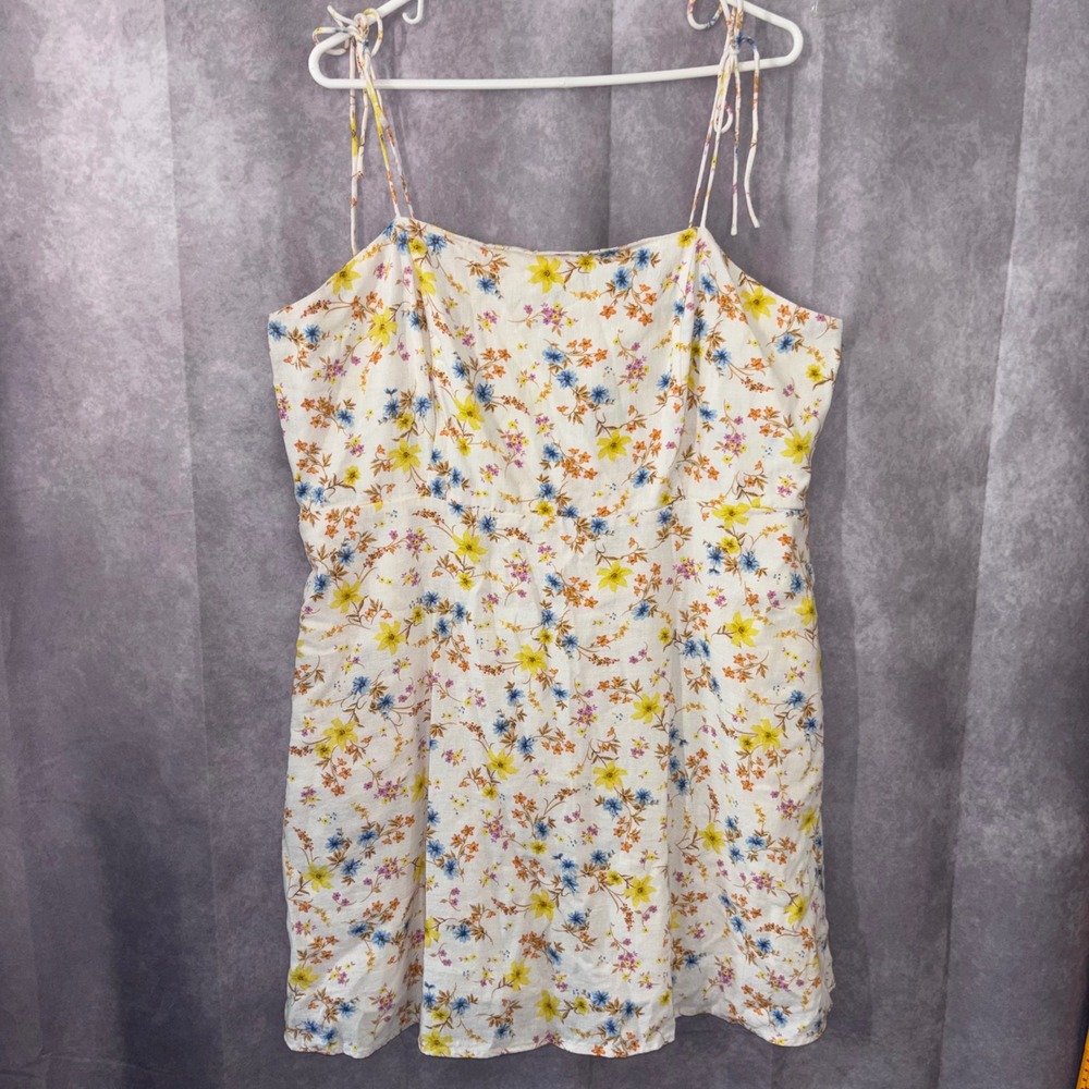 Old Navy Floral Linen Blend Pockets Dress Womens Size XXL White Boho Cottagecore